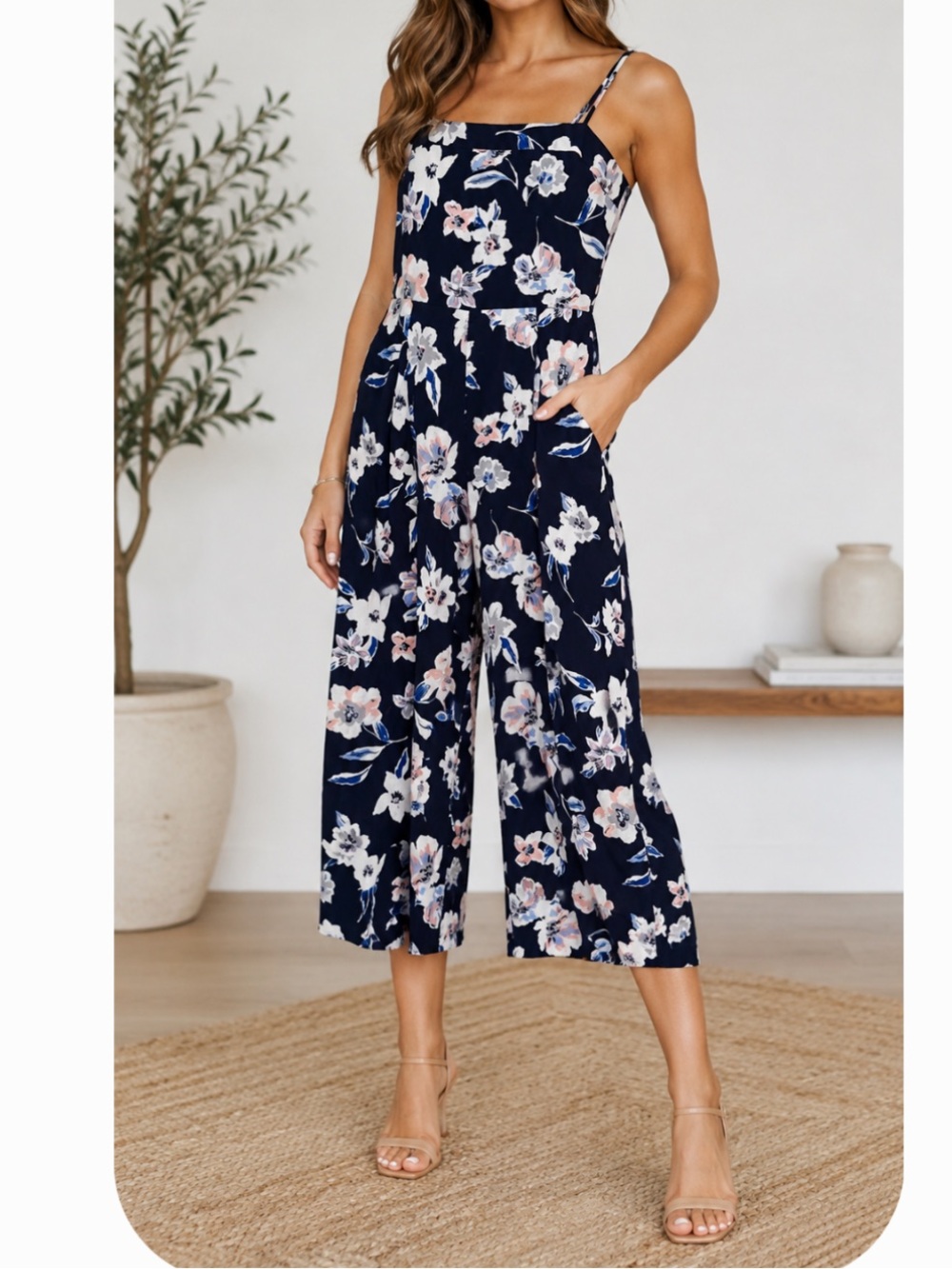 Banana Republic Linen blend Navy Floral Wide-Leg Cropped Jumpsuit